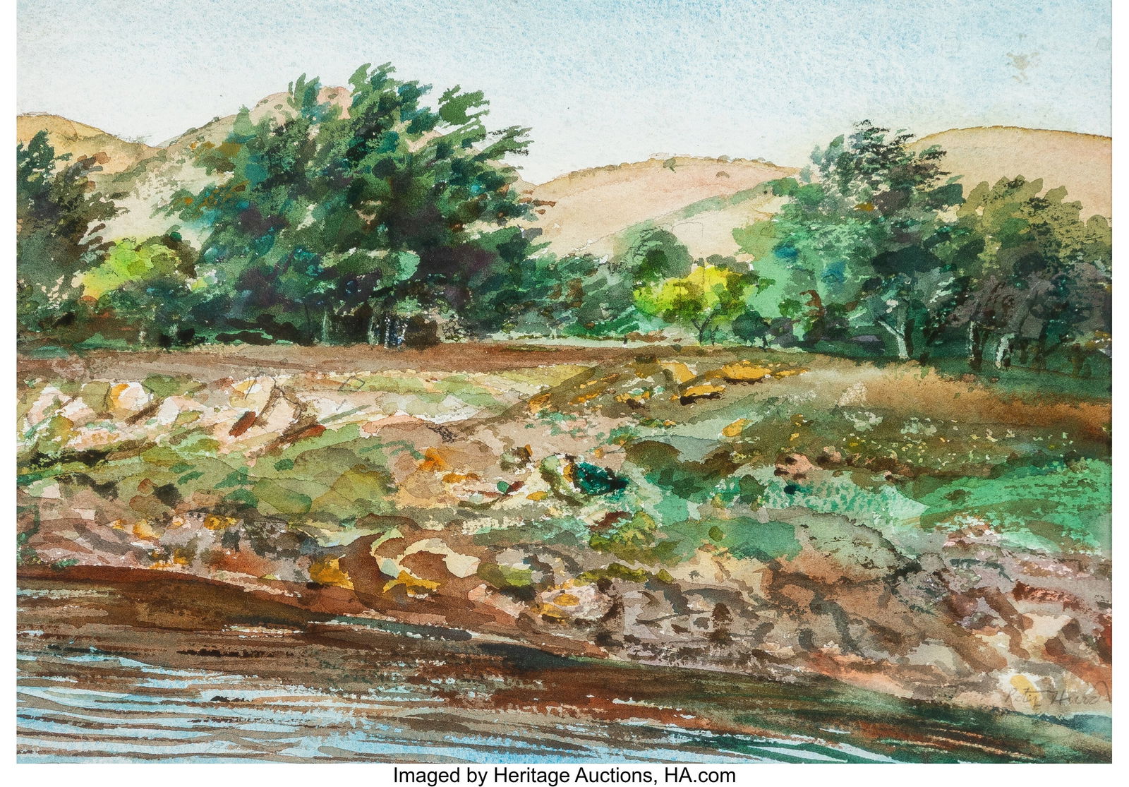 Peter Hurd (American, 1904-1984) Riverbank at Mi: Peter Hurd (American, 1904-1984) Riverbank at Midday Watercolor on paper 6-3/4 x 9-3/4 inches (17.1 x 24.8 cm) (sight) Signed lower right&colo