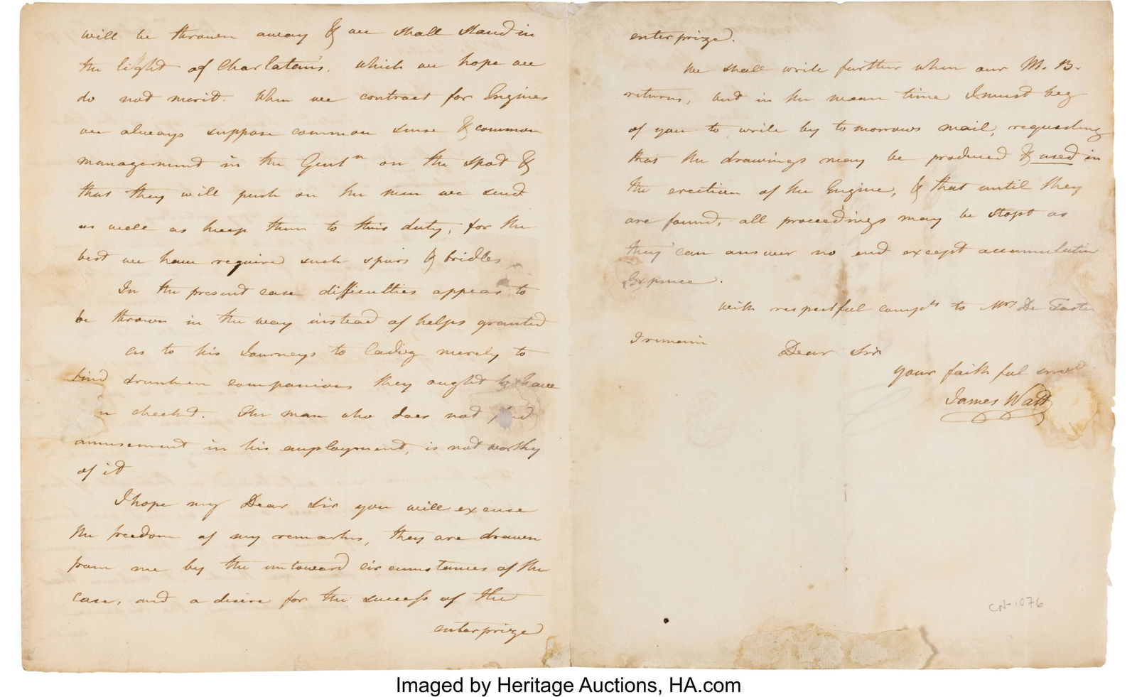 James Watt Autograph Letter Signed. Two and a h: James Watt Autograph Letter Signed. Two and a half pages of a bifolium, 8 1/8 x 9 7/8 inches; Birmingham, [England]; February 27, 1794. Le