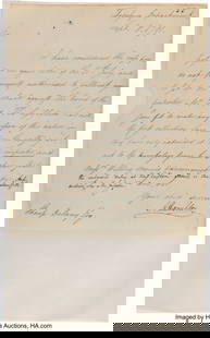 Alexander Hamilton Letter Signed with Two Lines: Alexander Hamilton Letter Signed with Two Lines Written in His Hand. One page, 7 1/2 x 9 inches, "Treasury Department," [Philadelphia]; September 8,