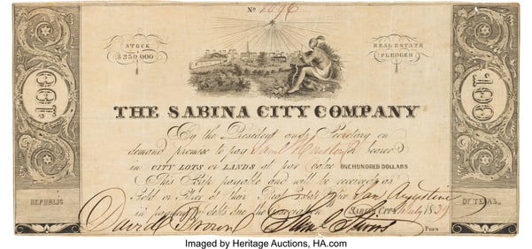 47011: Sabina City Company $100 Stock Certificate Issue