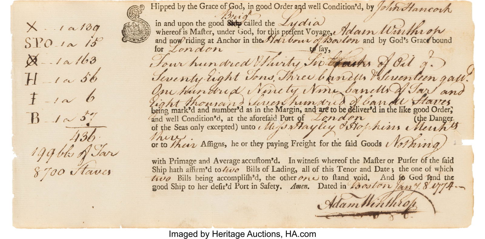 John Hancock Autograph Document Signed. One part (1 of 2)