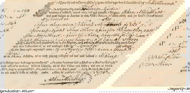 John Hancock Autograph Document Signed. One part: John Hancock Autograph Document Signed&period; One partially printed page&comma; 9 x 4 1&sol;2 inches&comma; Boston&semi; January 8&comma; 1774&period; A bill of lading for barrels of oil&comma; tar&c
