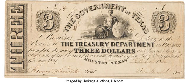 47012&colon; &lbrack;Republic of Texas&rsqb;&period; &dollar;3 Government of Texas Note