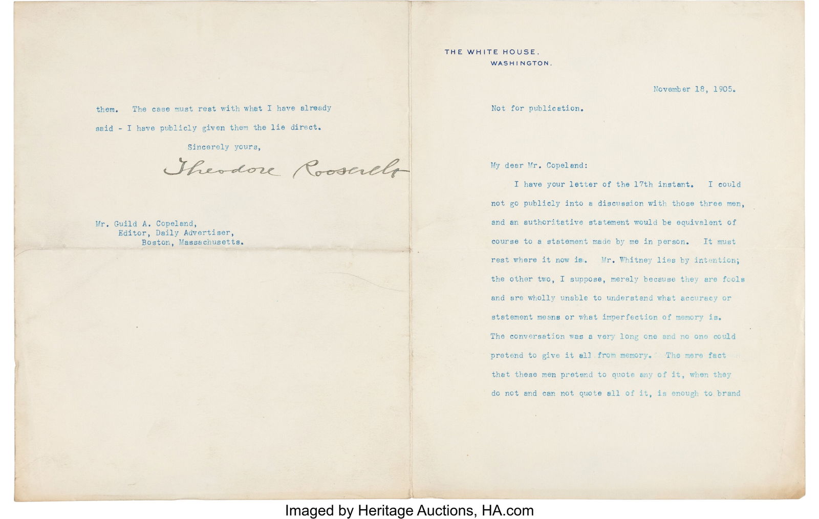 Theodore Roosevelt Typed Letter Signed. Two page (1 of 2)