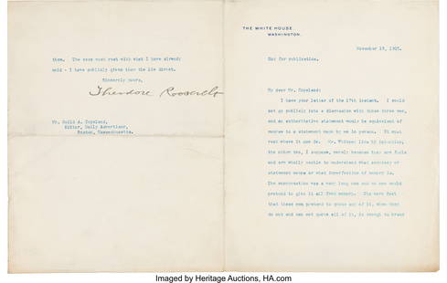 Theodore Roosevelt Typed Letter Signed. Two page: Theodore Roosevelt Typed Letter Signed&period; Two pages of a bifolium&comma; 7 x 8 7&sol;8 inches&comma; Washington&comma; D&period;C&period;&semi; November 18&comma; 1905&period; A letter to the edi