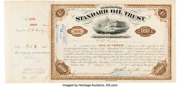 47220&colon; John D&period; Rockefeller Signed Stock Certificate&period; On