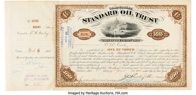 John D. Rockefeller Signed Stock Certificate. On: John D&period; Rockefeller Signed Stock Certificate&period; One partially printed page&comma; 16 x 7 3&sol;4 inches&comma; City of New York&semi; April 6&comma; 1888&period; Certificate "no&period; A1