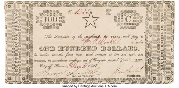47013&colon; &lbrack;Republic of Texas&rsqb;&period; &dollar;100 Star Note with Secreta
