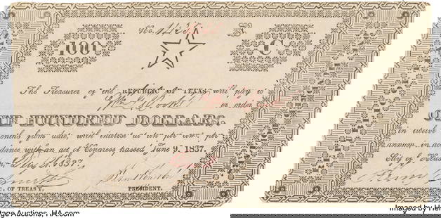 [Republic of Texas]. $100 Star Note with Secreta: &lbrack;Republic of Texas&rsqb;&period; &dollar;100 Star Note with Secretarial Signature by Sam Houston&period; One page&comma; 7 1&sol;4 x 3 1&sol;2 inches&comma; "City of Houston&comma;" &lbrack;Tex