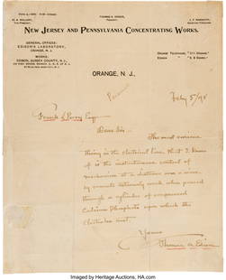 Thomas Edison Autograph Letter Signed. One page,: Thomas Edison Autograph Letter Signed&period; One page&comma; on New Jersey and Pennsylvania Concentrating Works stationery&comma; 8 x 10 inches&comma; Orange&comma; New Jersey&semi; February 5&comma;