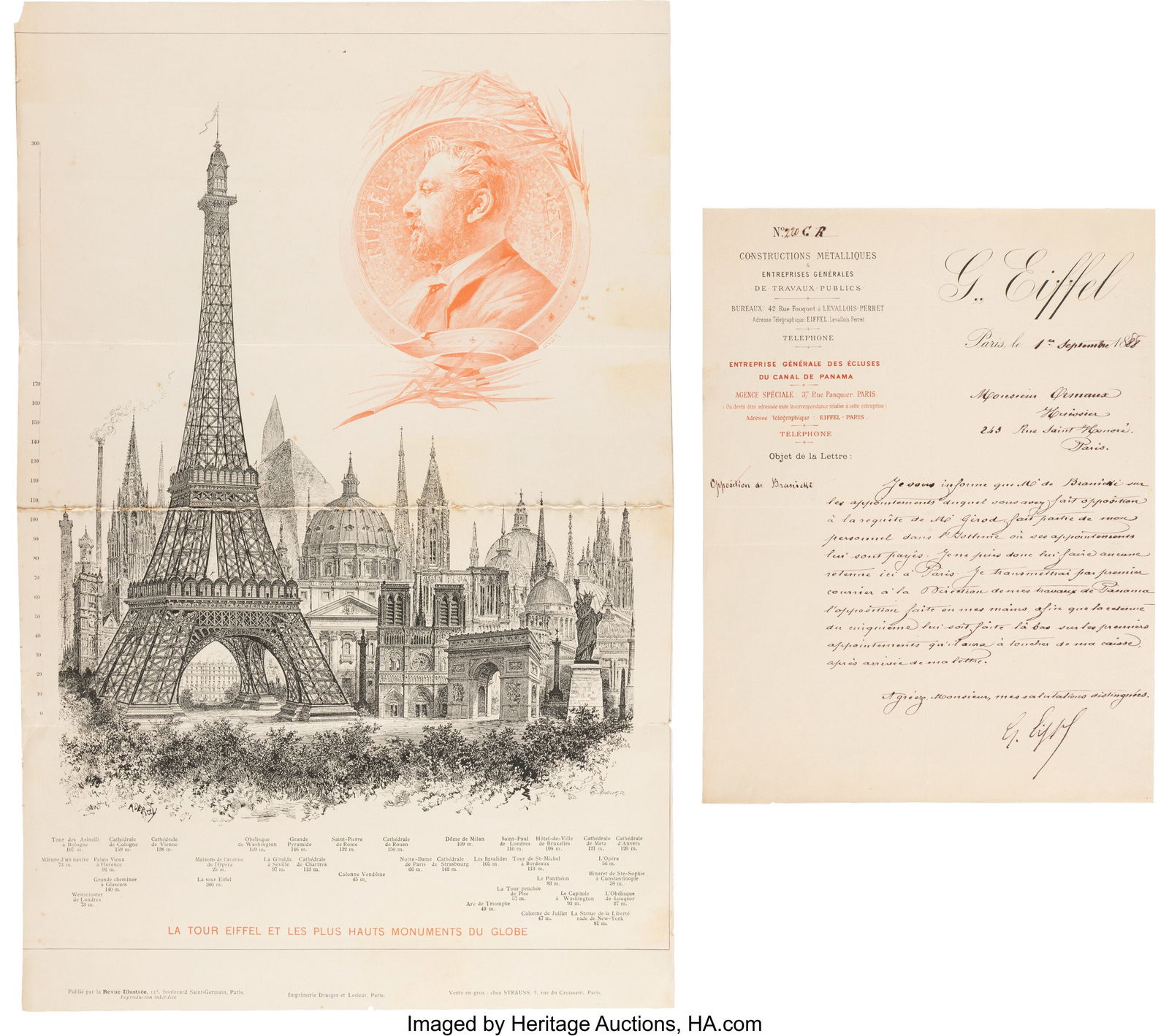 Gustave Eiffel Letter Signed. One page, 8 x 10 1: Gustave Eiffel Letter Signed. One page, 8 x 10 1/2 inches, Paris; September 1, 1888. A letter (in French) referencing his work on the Panama Canal&pe
