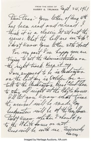 47155: Harry Truman Autograph Letter Signed Regarding t