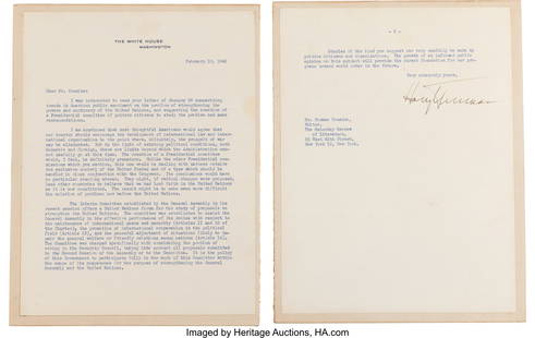 Harry Truman Typed Letter Signed.  Two pages on: Harry Truman Typed Letter Signed&period; Two pages on White House letterhead&comma; 8 x 10 1&sol;2 inches&comma; February 10&comma; 1948&period; Addressed to Norman Cousins in response to a letter he