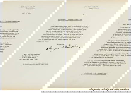 Dwight D. Eisenhower Typed Letter Signed. Two pa: Dwight D&period; Eisenhower Typed Letter Signed&period; Two pages on White House letterhead&comma; 7 1&sol;4 x 10 1&sol;2 inches&comma; Washington&comma; D&period;C&period;&semi; July 9&comma; 1957&pe
