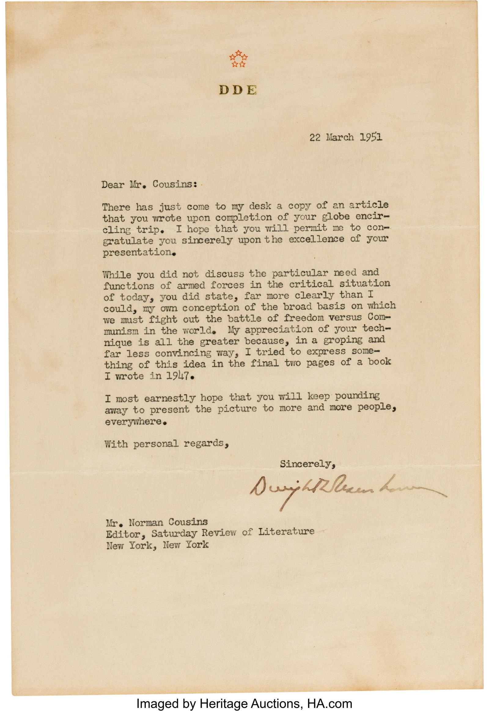 Dwight D. Eisenhower Typed Letter Signed. One pa (1 of 1)
