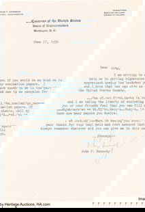John F. Kennedy Typed Letter Signed. THIS LOT HA: John F&period; Kennedy Typed Letter Signed&period; THIS LOT HAS BEEN WITHDRAWN&period; One page&comma; 6 1&sol;2 x 9 inches&comma; Washington&comma; D&period;C&period;&semi; June 17&comma; 1952&period