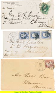 George Custer Covers (3) Addressed in His Hand.: George Custer Covers &lpar;3&rpar; Addressed in His Hand&period; Includes&colon; Cover Addressed to "Miss Libbie Bacon&period;" 5 1&sol;2 x 3 1&sol;8 inches&comma; postmarked Washington&comma; D&perio