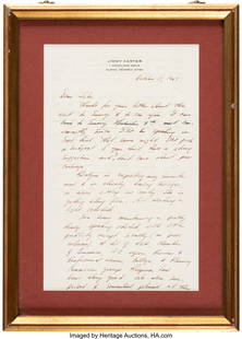Jimmy Carter Autograph Letter Signed and Lillian: Jimmy Carter Autograph Letter Signed and Lillian Carter Interlineated Handwritten Responses to Questions About her Son&period; Carter's letter is two pages&comma; 6 1&sol;2 x 10 inches &lpar;sight&rpa