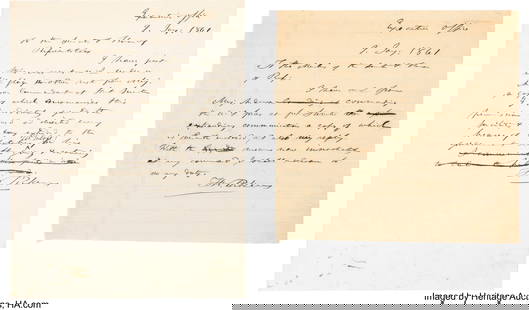 Francis Pickens Autograph Letters Signed.  Two l: Francis Pickens Autograph Letters Signed&period; Two letters dated January 9&comma; 1861&comma; written in ink and measure 8 x 7 1&sol;2 and 7 3&sol;4 x 9 3&sol;4 inches&period; Pickens writes to the