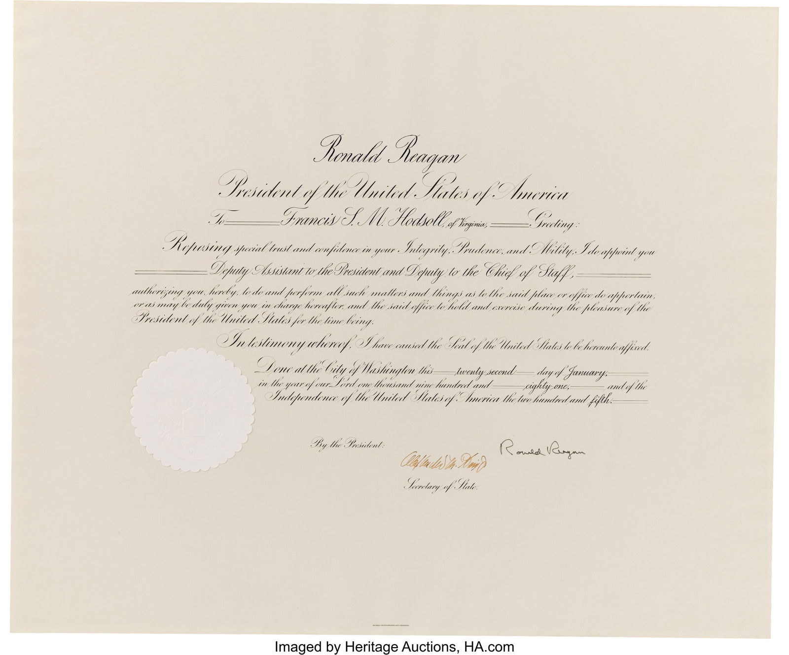 Ronald Reagan Signed Appointment. One partially (1 of 3)