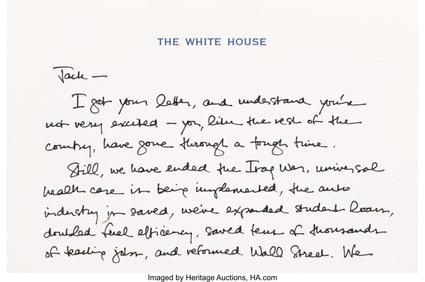 47169: Barack Obama Autograph Letter Signed. Two pages