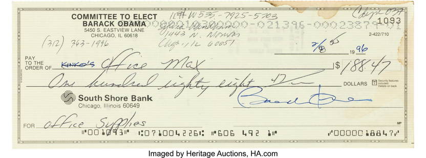 Barack Obama Signed Check from his 1996 Senate C: Barack Obama Signed Check from his 1996 Senate Campaign&period; 8 1&sol;4 x 3 inches&comma; Chicago&comma; Illinois&semi; February 8&comma; 1996&period; A check issued by the "Committee to Elect Barac