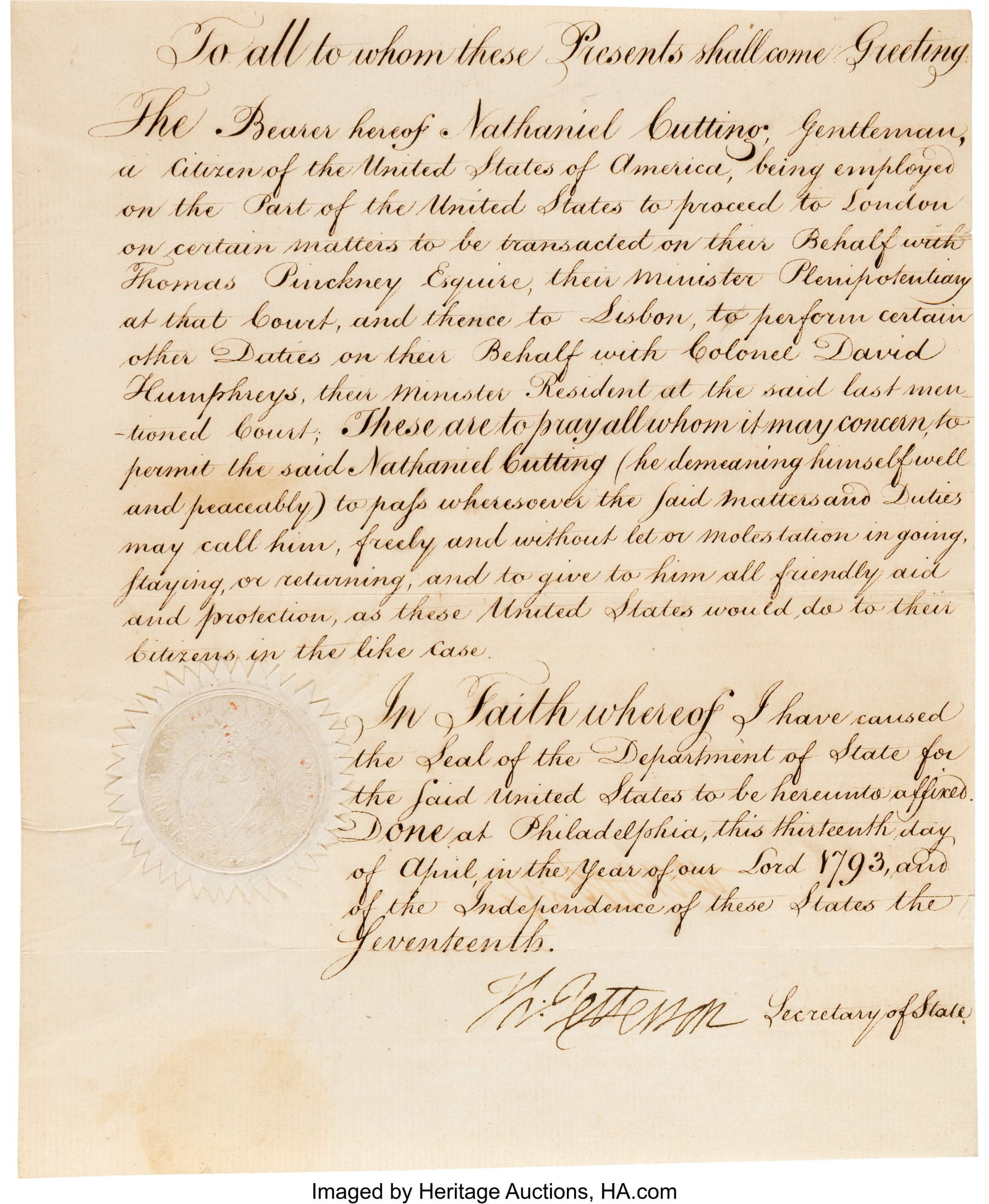 Thomas Jefferson Document Signed. One page, 7 1/ (1 of 2)