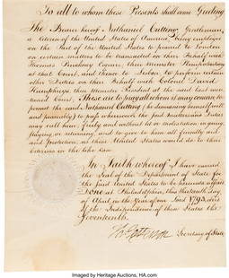 Thomas Jefferson Document Signed. One page, 7 1/: Thomas Jefferson Document Signed&period; One page&comma; 7 1&sol;2 x 9 inches&comma; Philadelphia&semi; April 13&comma; 1793&period; A pass granting Nathaniel Cutting&comma; secretary to David Humphre