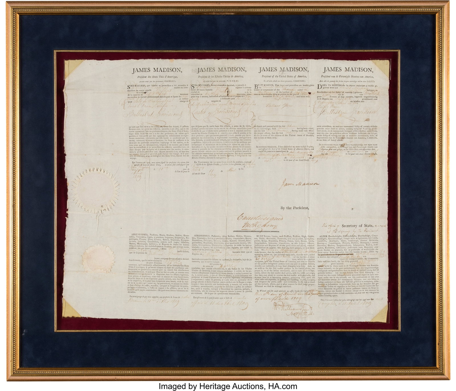 James Madison Four Languages Ship's Passport Sig (1 of 2)