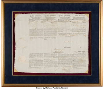 James Madison Four Languages Ship's Passport Sig: James Madison Four Languages Ship's Passport Signed&period; One partially printed page&comma; 20 1&sol;4 x 16 1&sol;2 inches &lpar;sight&rpar;&comma; New York&semi; April 11&comma; 1809&period; Matted