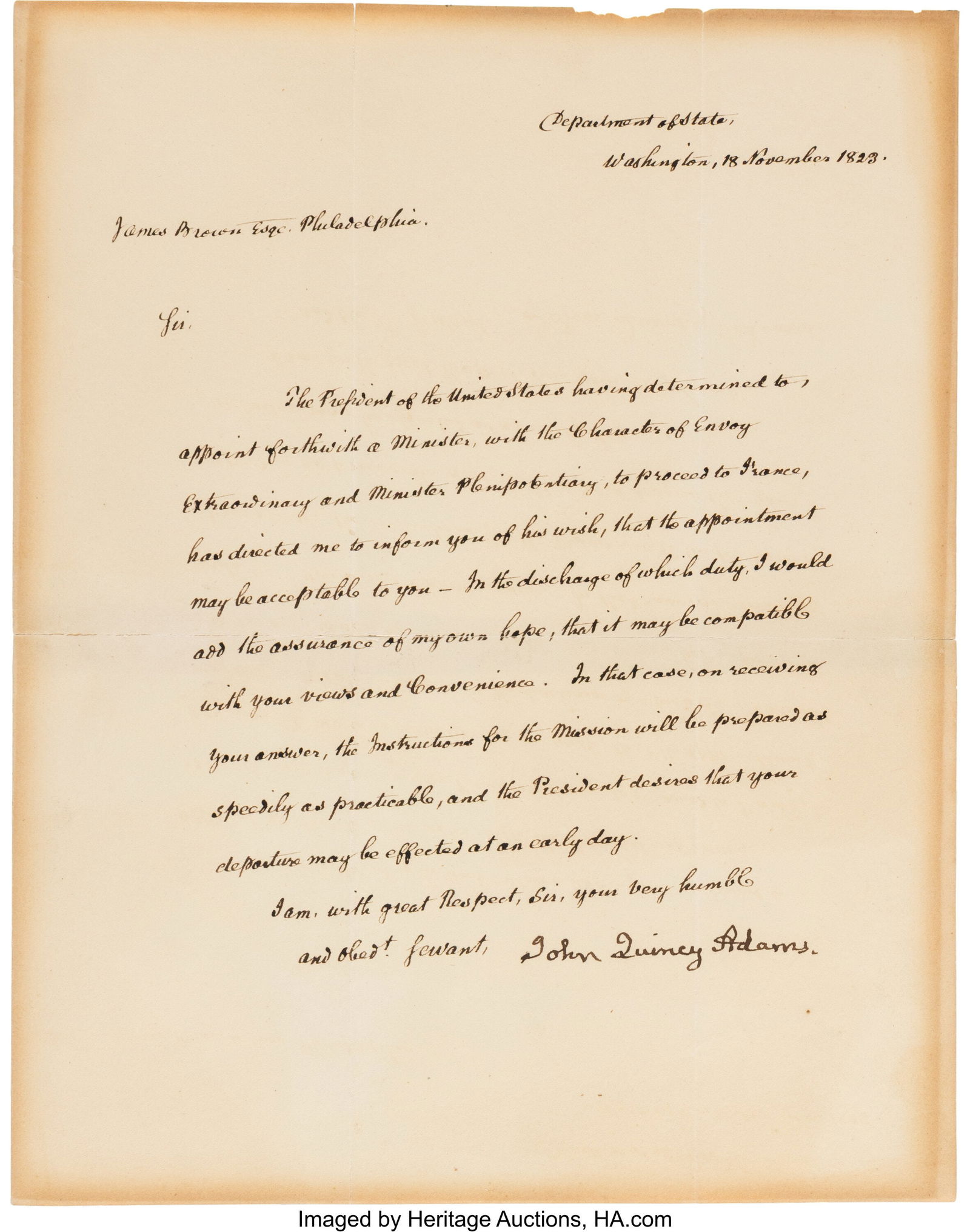 John Quincy Adams Letter Signed. One page, 7 3/4 (1 of 2)