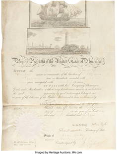 John Tyler & Daniel Webster Scallop Top Ship's P: John Tyler &amp; Daniel Webster Scallop Top Ship's Passport Signed&period; One partially printed sheet of vellum&comma; 11 1&sol;4 x 14 1&sol;4 inches&comma; New Bedford County&comma; Massachusetts&se