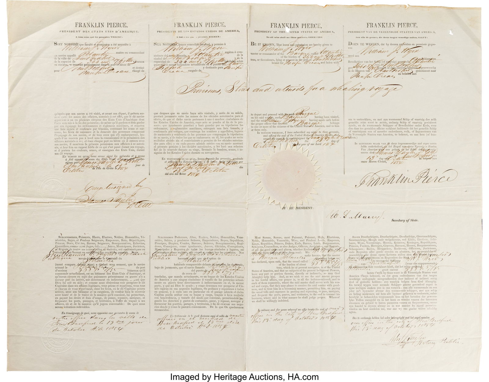 Franklin Pierce Signed Four Languages Ship's Pas (1 of 2)