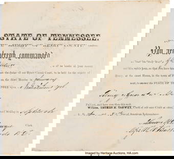 Arrest Warrant for Giving Liquor to a Slave. One: Arrest Warrant for Giving Liquor to a Slave&period; One partially-printed page&comma; 7 3&sol;4 x 7 inches&comma; Henry County&comma; Tennessee&semi; September 1860&period; A warrant issued to A&perio