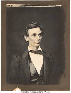 Abraham Lincoln: Alexander Hesler Photo Printed: Abraham Lincoln&colon; Alexander Hesler Photo Printed by George Ayres&period; Albumen print mounted on board&comma; 7 1&sol;4 x 9 1&sol;2 inches&period; A head and shoulders portrait of Lincoln withou