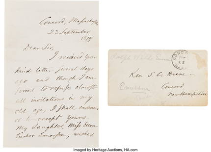Ralph Waldo Emerson Autograph Letter Signed. Two: Ralph Waldo Emerson Autograph Letter Signed&period; Two pages of a bifolium&comma; 4 1&sol;2 x 7 inches&comma; Concord&comma; Massachusetts&semi; September 23&comma; 1879&period; A letter to Reverend