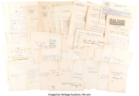 Group Lot of 47 Literary and Notable Autographs: Group Lot of 47 Literary and Notable Autographs to American Author and Newspaperman Harry Lincoln Sayler&period; Collection of 47 autographs to author and City Press Association of Chicago manager&com