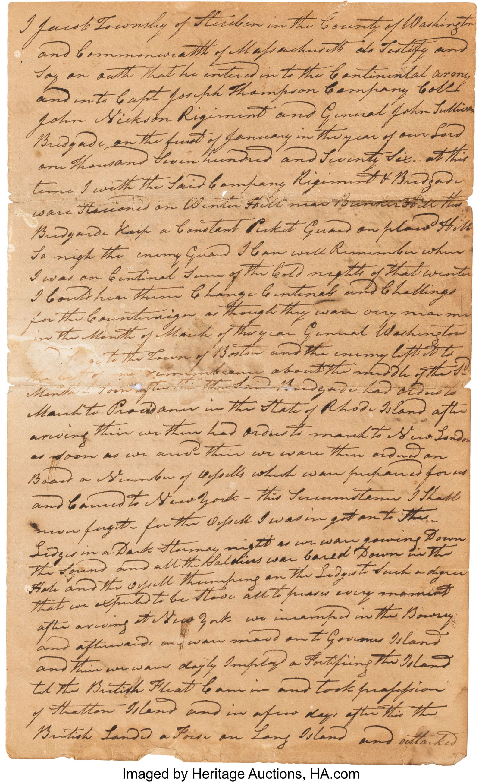 [Revolutionary War]. Handwritten Statement by Ja: [Revolutionary War]. Handwritten Statement by Jacob Townsley, a Soldier in John Sullivan's Brigade. Four pages, 7 3/8 x 12 inches; "Township of Steuben," Washington County, Massachusetts. Although und