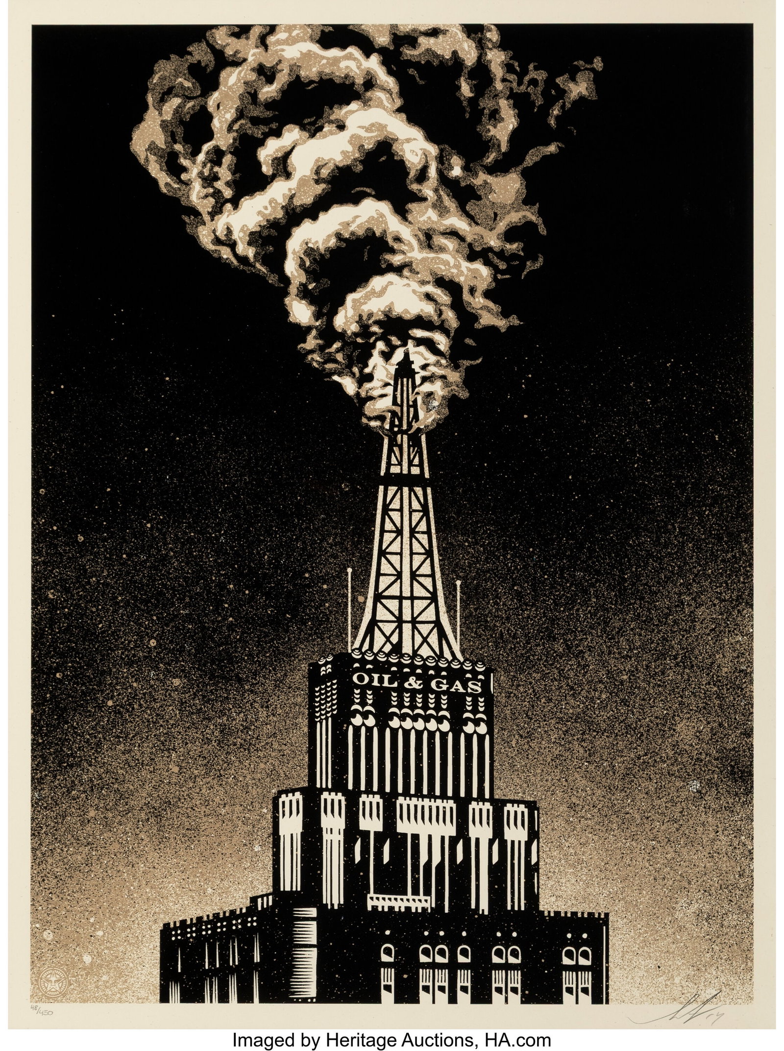 Shepard Fairey (b. 1970) Oil & Gas Building, 201: Shepard Fairey (b. 1970) Oil & Gas Building, 2014 Screenprint in colors on Cream Speckletone paper 24 x 18 inches (61.0 x 45.7 cm) (sheet) 