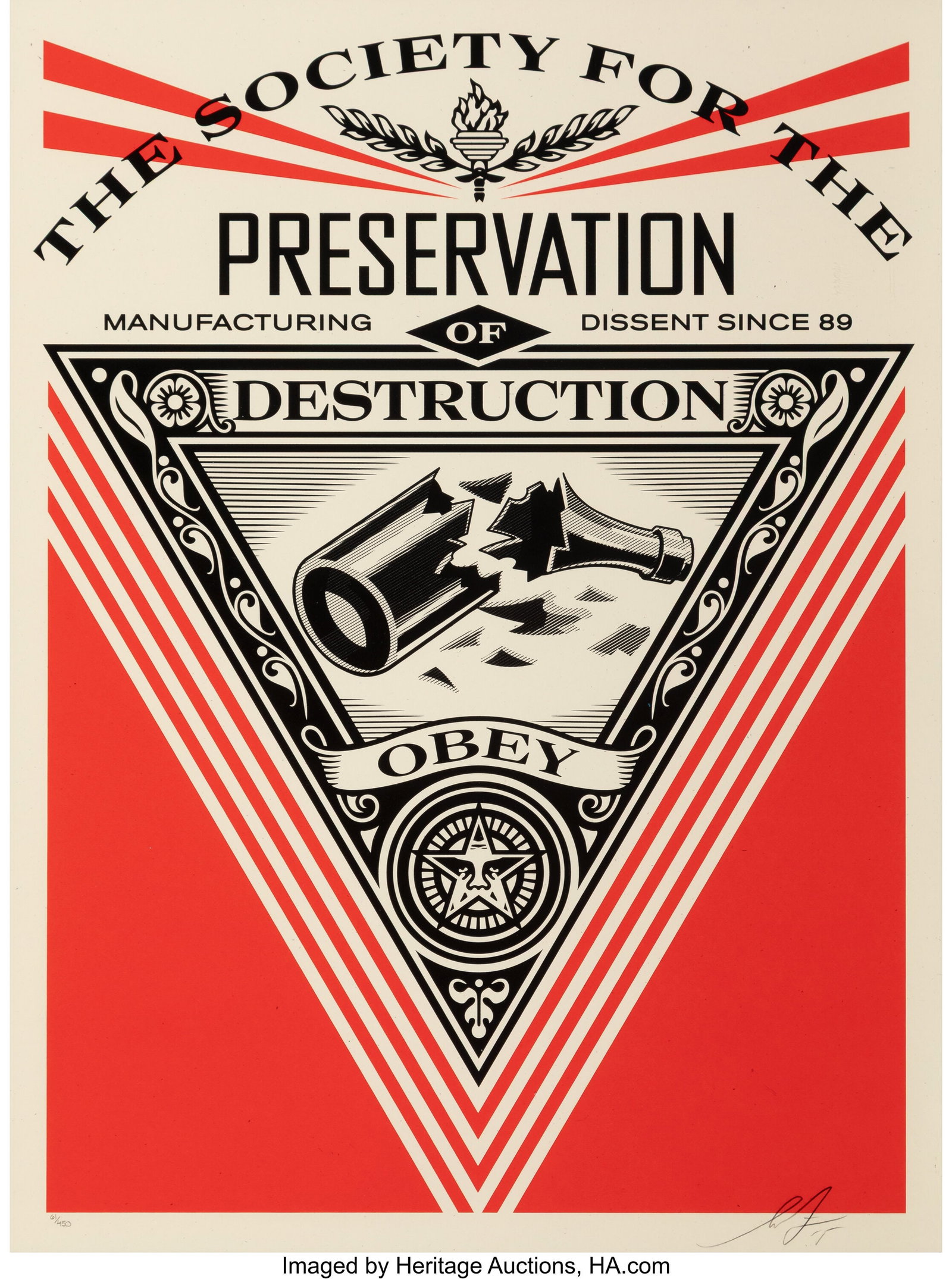 Shepard Fairey (b. 1970) Society Of Destruction,: Shepard Fairey (b. 1970) Society Of Destruction, 2015 Screenprint in colors on Cream Speckletone paper 24 x 18 inches (61.0 x 45.7 cm) (sheet) 