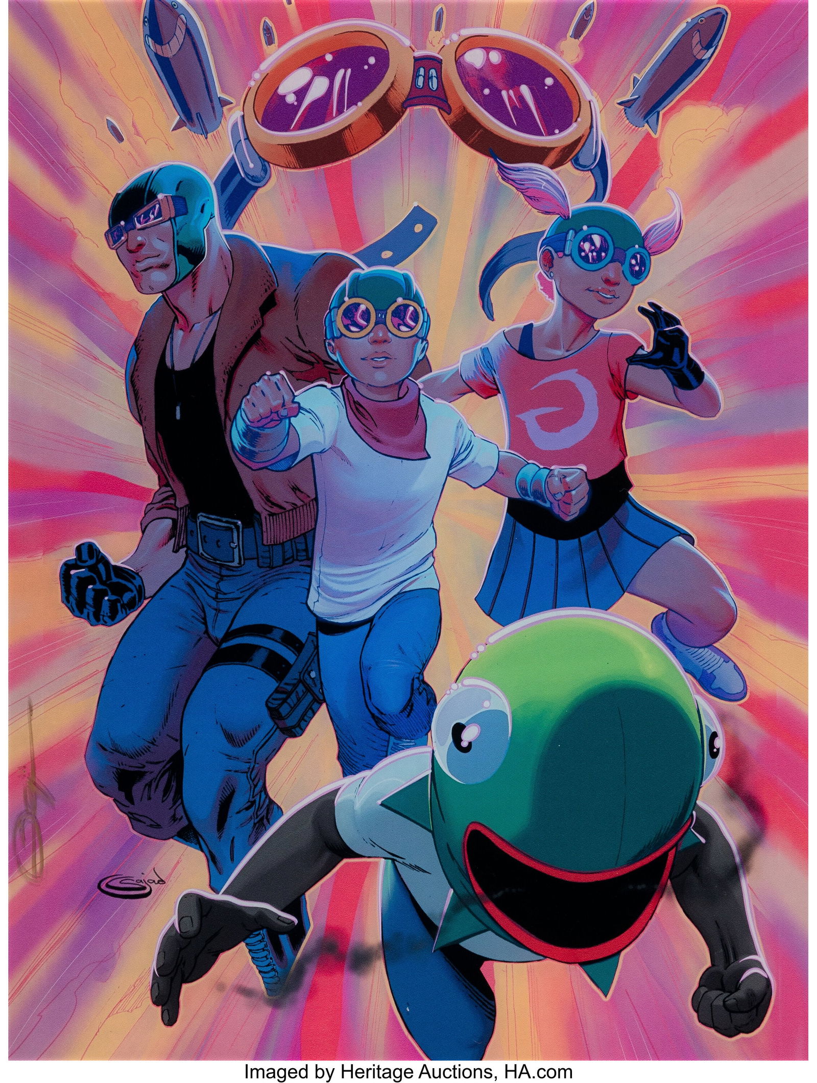 Hebru Brantley X Sajad Shah Flyboy and the Crew,: Hebru Brantley X Sajad Shah Flyboy and the Crew, 2019 Offset lithograph in colors on glass 14-1/2 x 10-3/4 inches (36.8 x 27.3 cm) Ed. 4/25 Signed in i