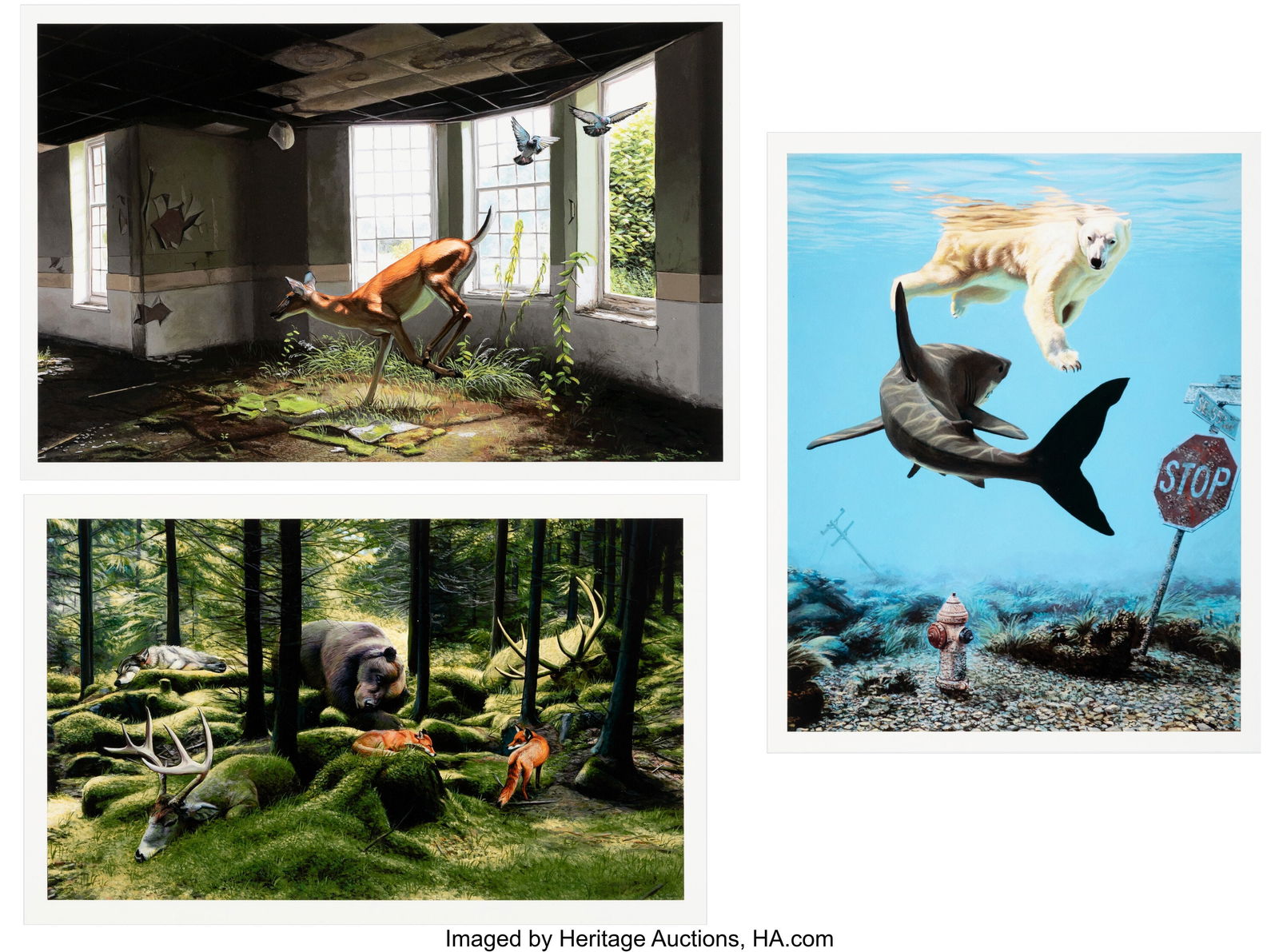Josh Keyes (b. 1969) Afternoon of a Faun; Sleepi: Josh Keyes (b. 1969) Afternoon of a Faun; Sleeping Woods; Turbulence (three works), 2016 Giclée print in colors on wove paper 12 x 18 inches (30&