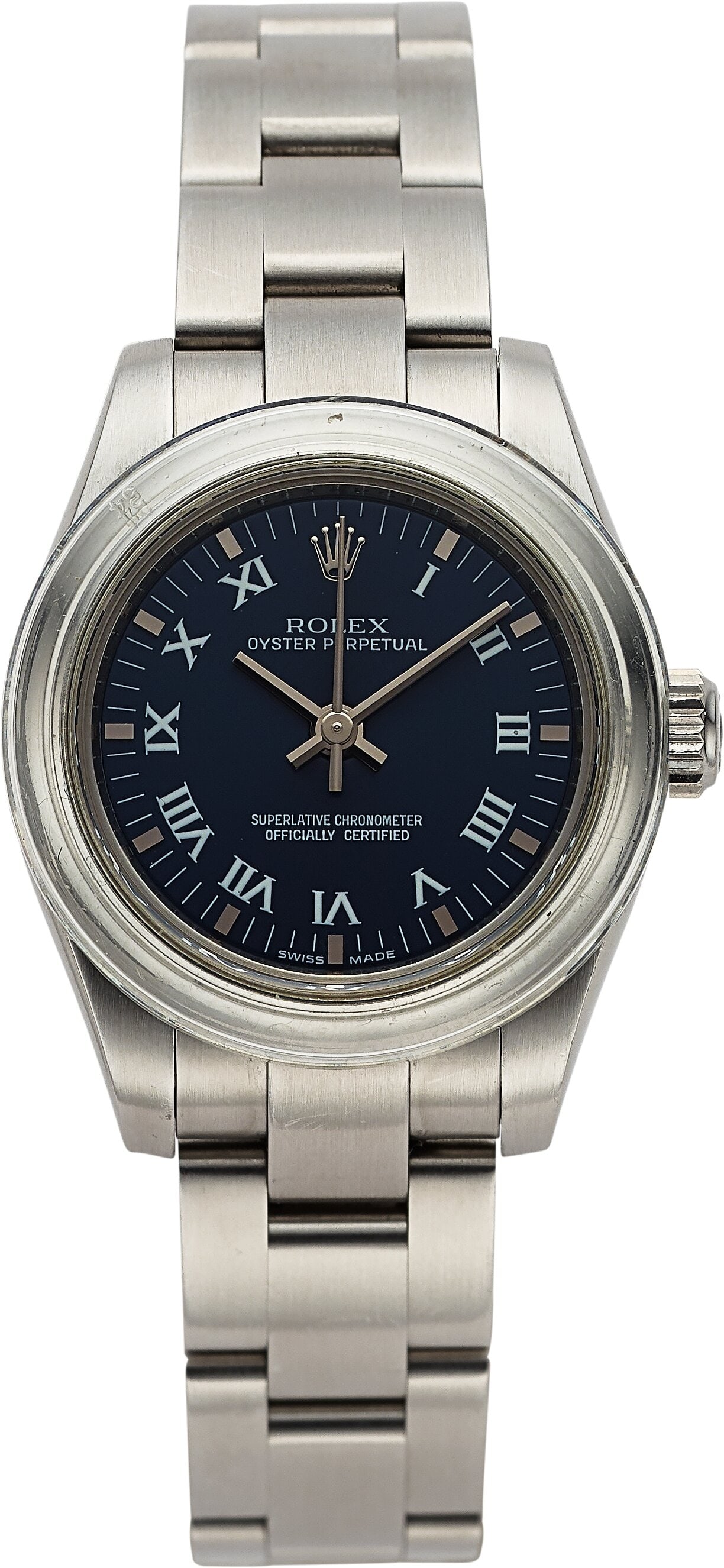 Rolex Ladies Oyster Perpetual Reference 176200 S: Rolex Ladies Oyster Perpetual Reference 176200 Silver Dial with Papers Case: 26mm, Stainless steel Dial: Non luminous blue with painted roman numerals , Non luminous baton hand