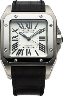 Cartier Santos 100 Reference 2656 Stainless Stee: Cartier Santos 100 Reference 2656 Stainless Steel Wristwatch with Box And Papers Case&colon; 38mm&comma; Stainless steel &comma; 533682UX Dial&colon; Silvered with black painted Roman Numerals &comma;