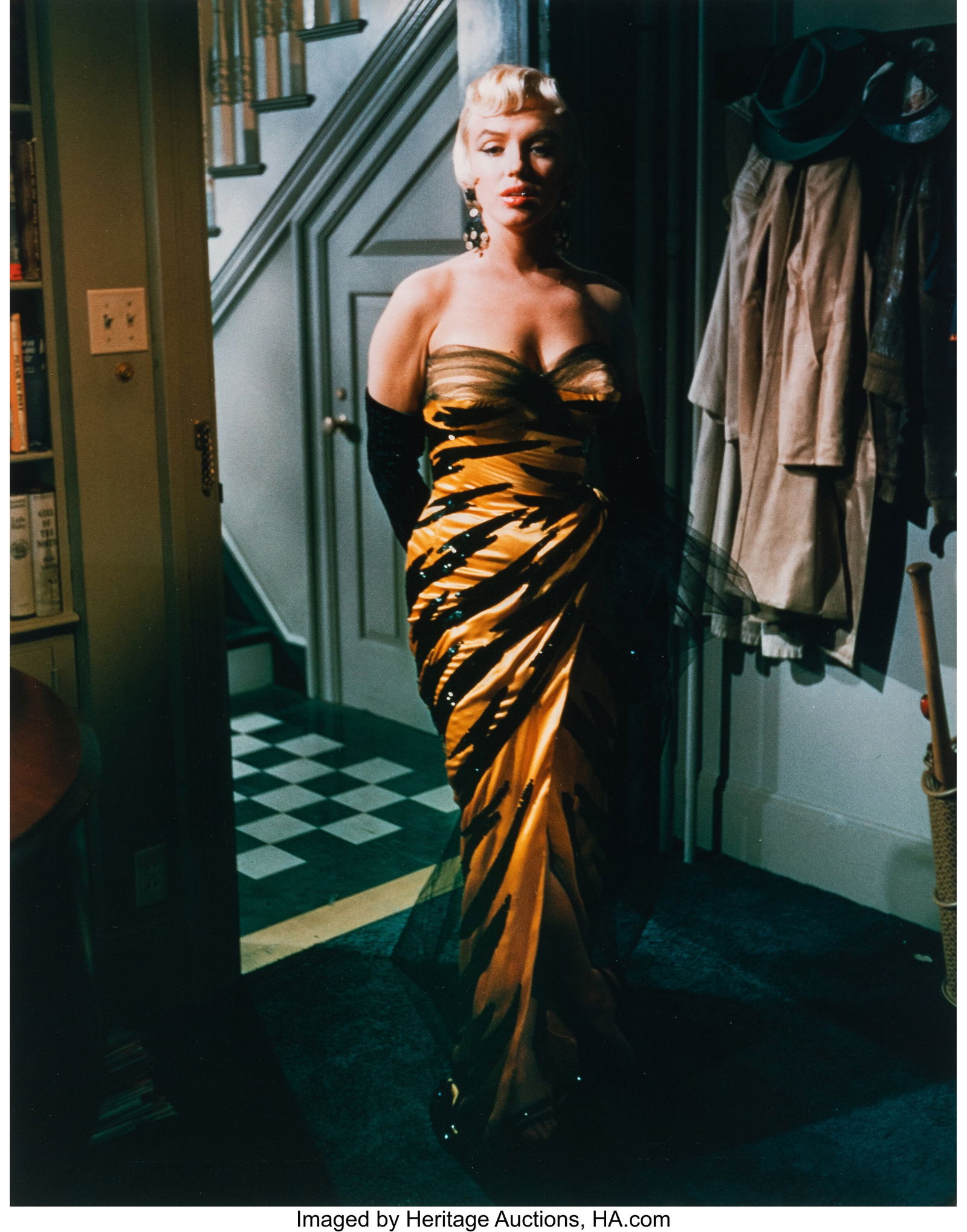 Sam Shaw (American, 1912-1999) Marilyn Monroe in: Sam Shaw (American, 1912-1999) Marilyn Monroe in Travilla Golden Tiger Gown for The Seven Year Itch, 1955 Dye coupler print on Kodak later, printed later 14 x 11 inches &lp