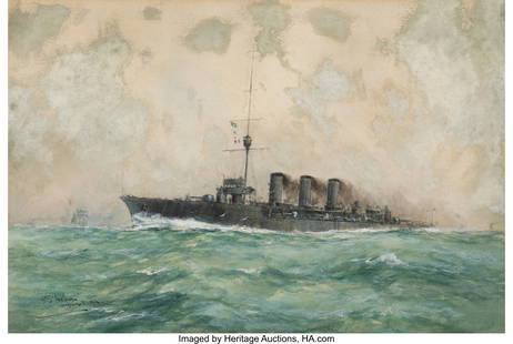 William Minshall Birchall (American, 1884-1941): William Minshall Birchall &lpar;American&comma; 1884-1941&rpar; HMS Arethusa&comma; 1919 Watercolor and gouache on paper 8-1&sol;2 x 12-1&sol;2 inches &lpar;21&period;6 x 31&period;8 cm&rpar; &lpar;si