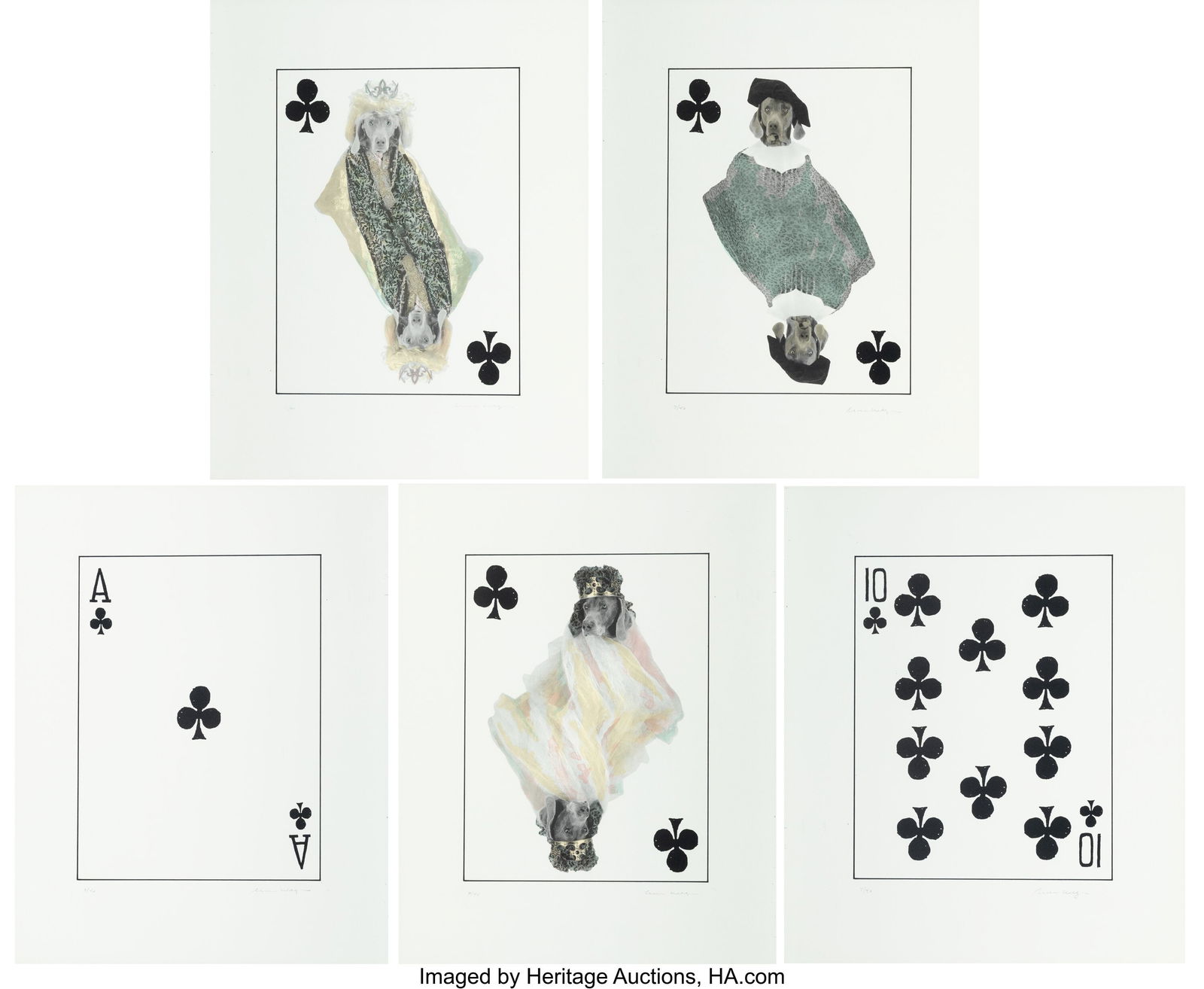 William Wegman (b. 1943) Royal Flush: Clubs (com: William Wegman (b. 1943) Royal Flush: Clubs (complete suite, five works), 1998 Photolithographs in colors on wove paper 25-1/2 x 20 inches each (6