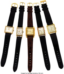 13022: Five Gold Wristwatches, Movado, Longines, LeCoul