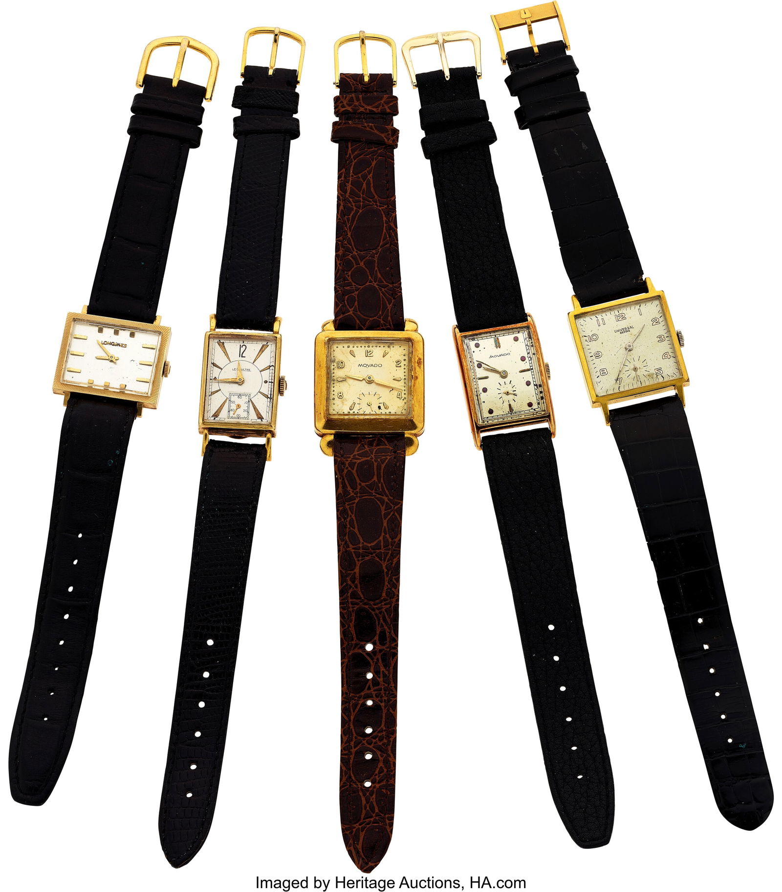 Five Gold Wristwatches, Movado, Longines, LeCoul: Five Gold Wristwatches, Movado, Longines, LeCoultre, Universal Geneve Case: 20 to 29 mm, 14k gold, two body Dial: see photos Movement: manual wind