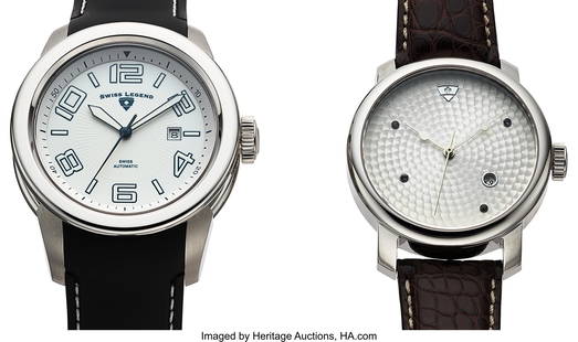 Lot Of 2 Swiss Legend Automatic Wrist Watches  C: Lot Of 2 Swiss Legend Automatic Wrist Watches Case&colon; 43mm and 48mm&comma; 316L stainless steel&comma; 3 body case with exhibition backs Dial&colon; Silver textured and White Arabic&comma; black s